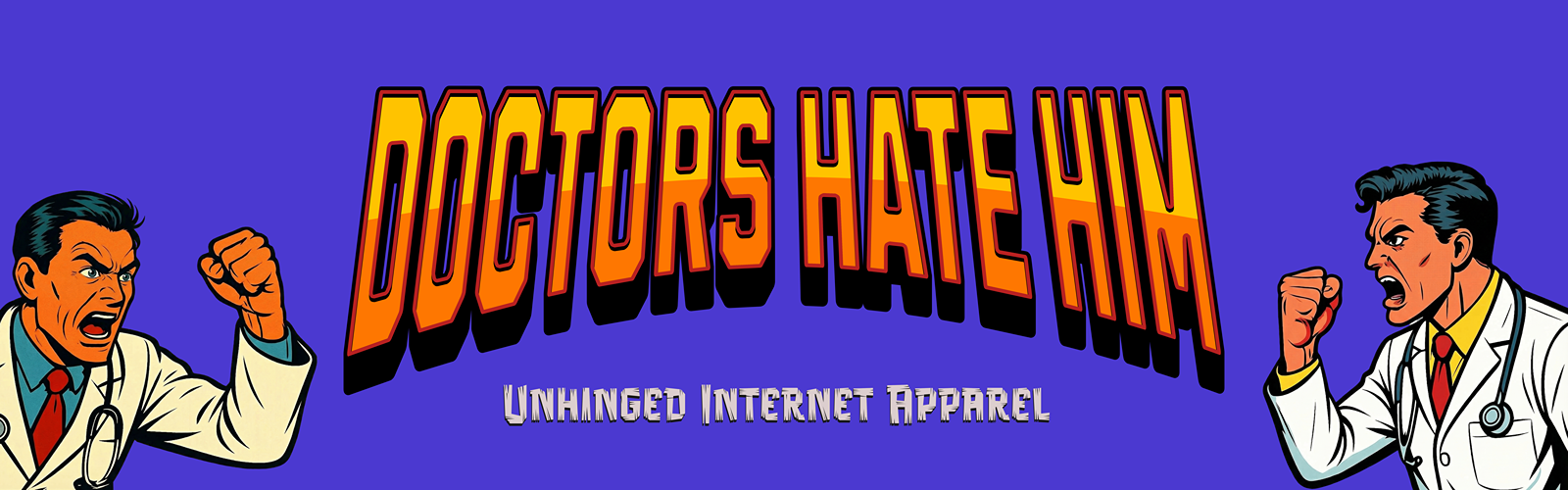 Cartoon characters in lab coats with 'Doctors Hate Him' text on a purple background